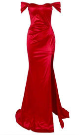 OFF SHOULDER SATIN HIGH SLIT FLOOR LENGTH DRESS IN RED