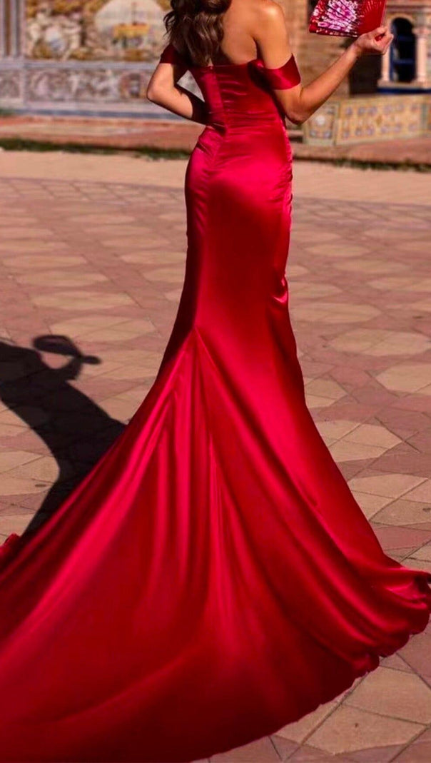 AIIZIE OFF SHOULDER SATIN HIGH SLIT FLOOR LENGTH DRESS IN RED - product image