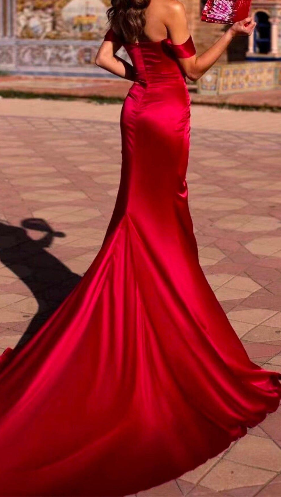 OFF SHOULDER SATIN HIGH SLIT FLOOR LENGTH DRESS IN RED
