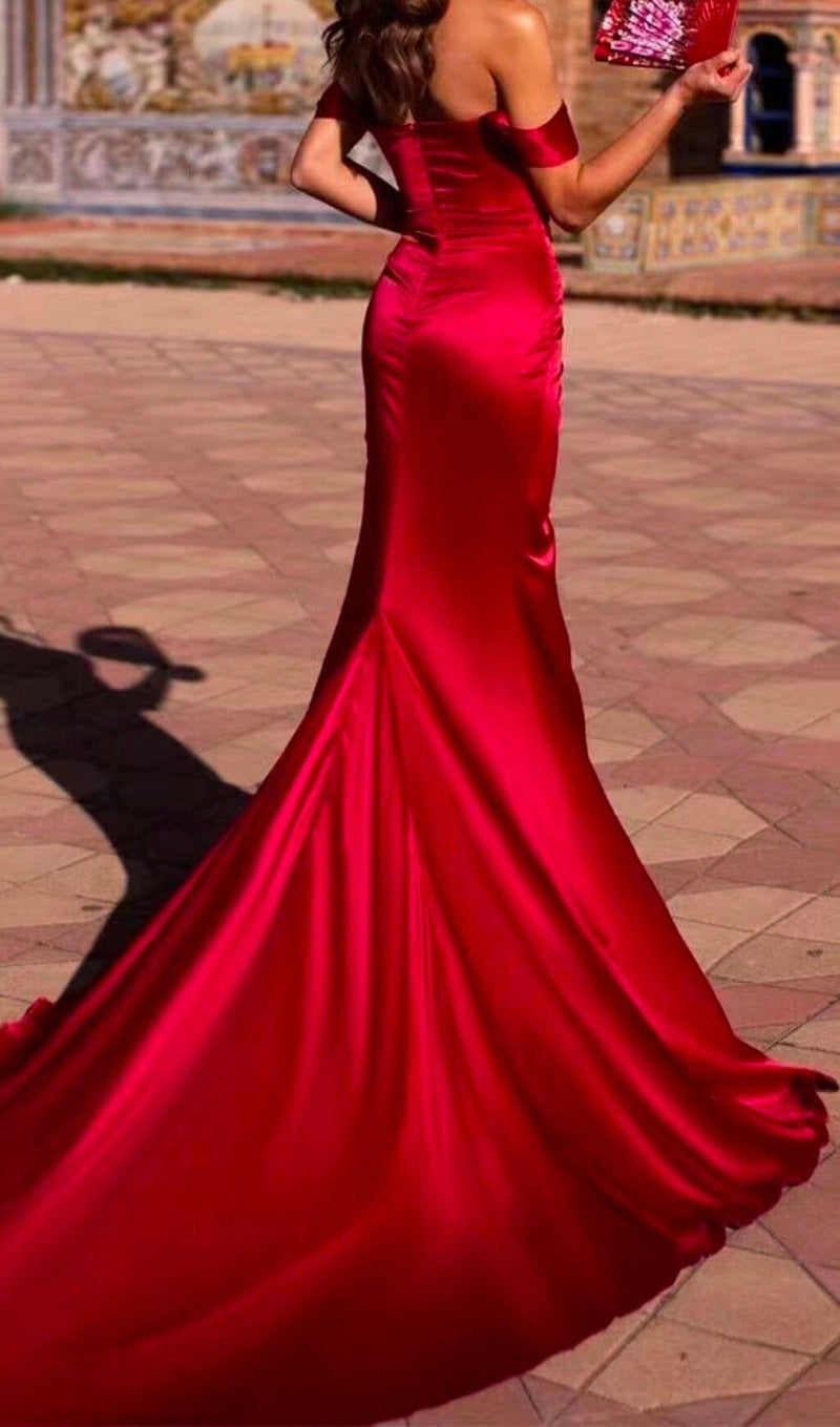 OFF SHOULDER SATIN HIGH SLIT FLOOR LENGTH DRESS IN RED