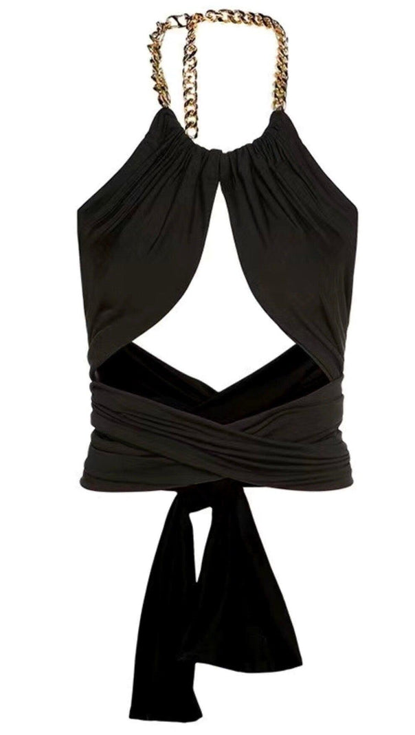 Vest with Metal Chain Hanging Neck Top in Black