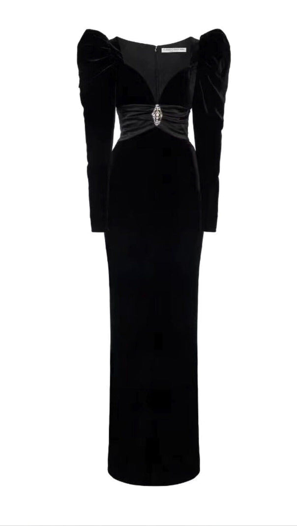 AIIZIE SHEEP LEG SLEEVE VELVET SLIM MAXI DRESS IN BLACK - product image