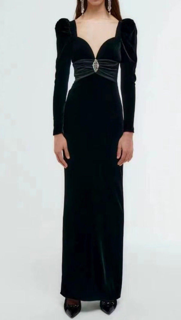 AIIZIE SHEEP LEG SLEEVE VELVET SLIM MAXI DRESS IN BLACK - product image