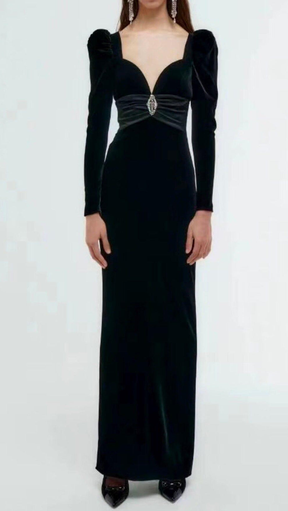 SHEEP LEG SLEEVE VELVET SLIM MAXI DRESS IN BLACK