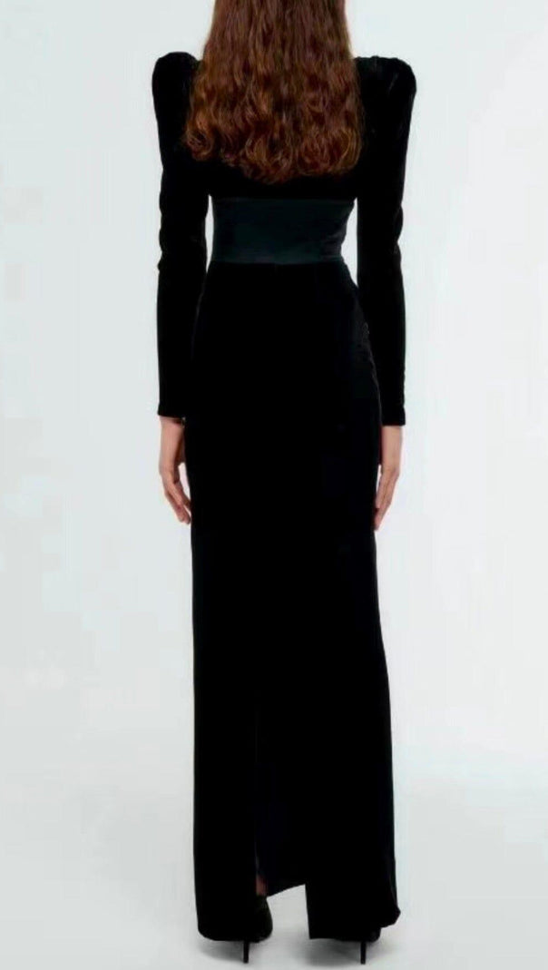 AIIZIE SHEEP LEG SLEEVE VELVET SLIM MAXI DRESS IN BLACK - product image