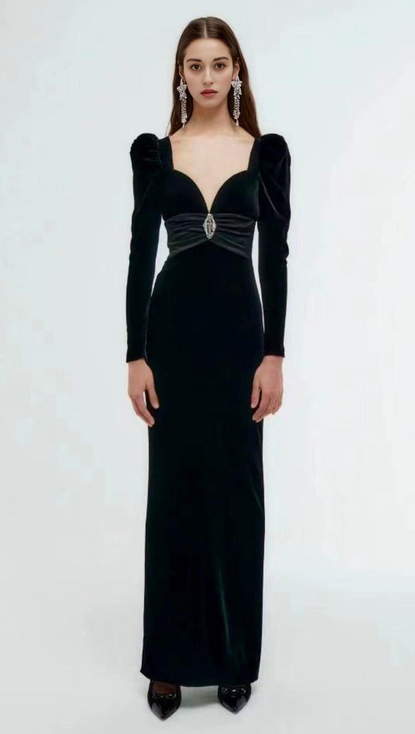 AIIZIE SHEEP LEG SLEEVE VELVET SLIM MAXI DRESS IN BLACK - product image
