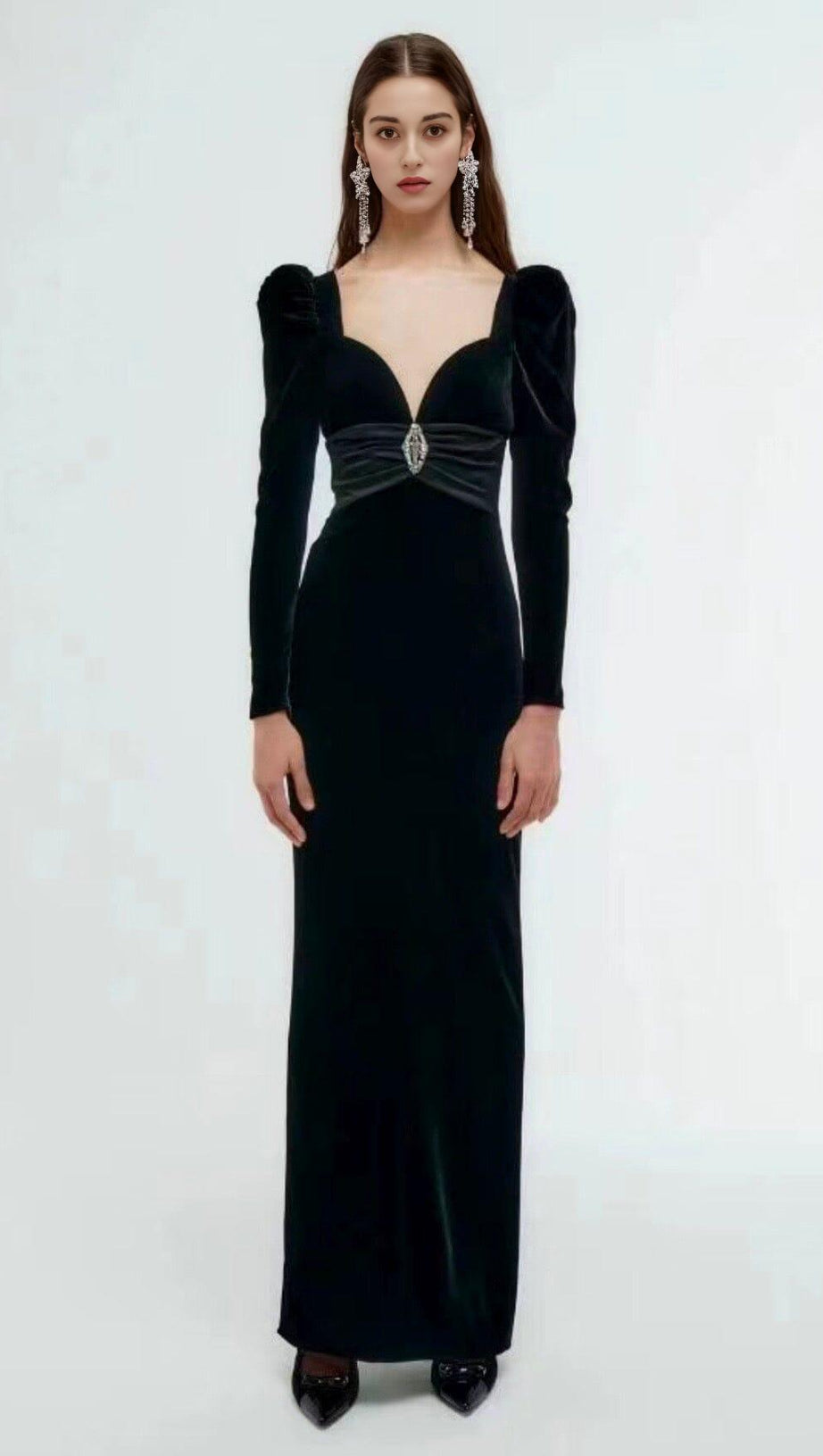 SHEEP LEG SLEEVE VELVET SLIM MAXI DRESS IN BLACK