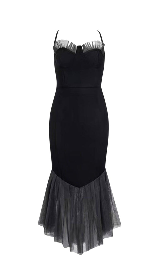 AIIZIE SHINY MESH STITCHED FISHTAIL SUSPENDER MIDI DRESS IN BLACK - product image