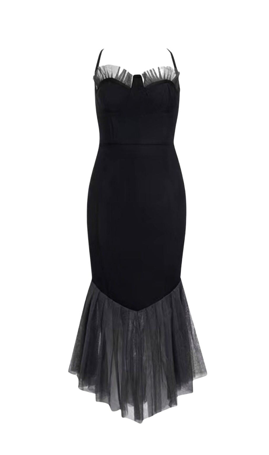 MIDIKLEID MIT GLÄNZENDEM NETZ UND FISCHSCHWANZ-STÜTZEN IN SCHWARZ