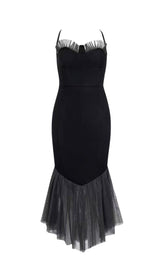 SHINY MESH STITCHED FISHTAIL SUSPENDER MIDI DRESS IN BLACK