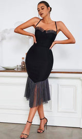 SHINY MESH STITCHED FISHTAIL SUSPENDER MIDI DRESS IN BLACK