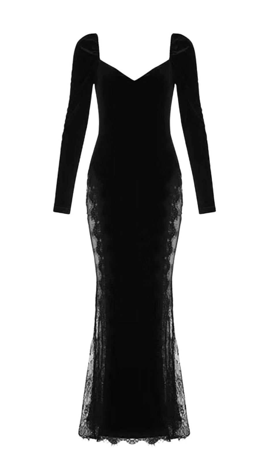 ABITO MIDI NERO CON SCOLLO QUADRATO, SPACCO ALTO E CUCITO IN PIZZO