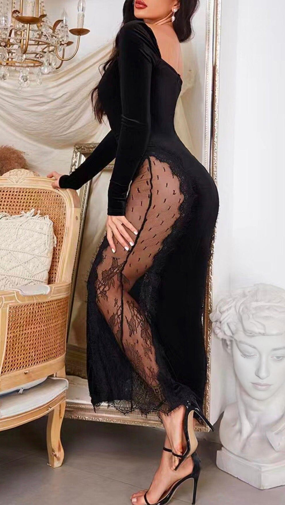 SQUARE-NECK LACE STITCHED HIGH-SLIT MIDI DRESS IN BLACK