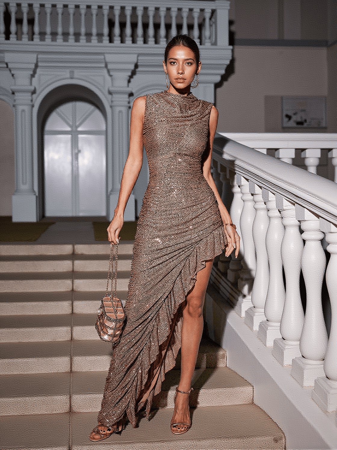 ABITO SENZA MANICHE CON PAILLETTES ASIMMETRICO YUSUF