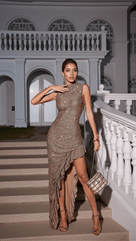 Yusuf ärmelloses asymmetrisches Paillettenkleid