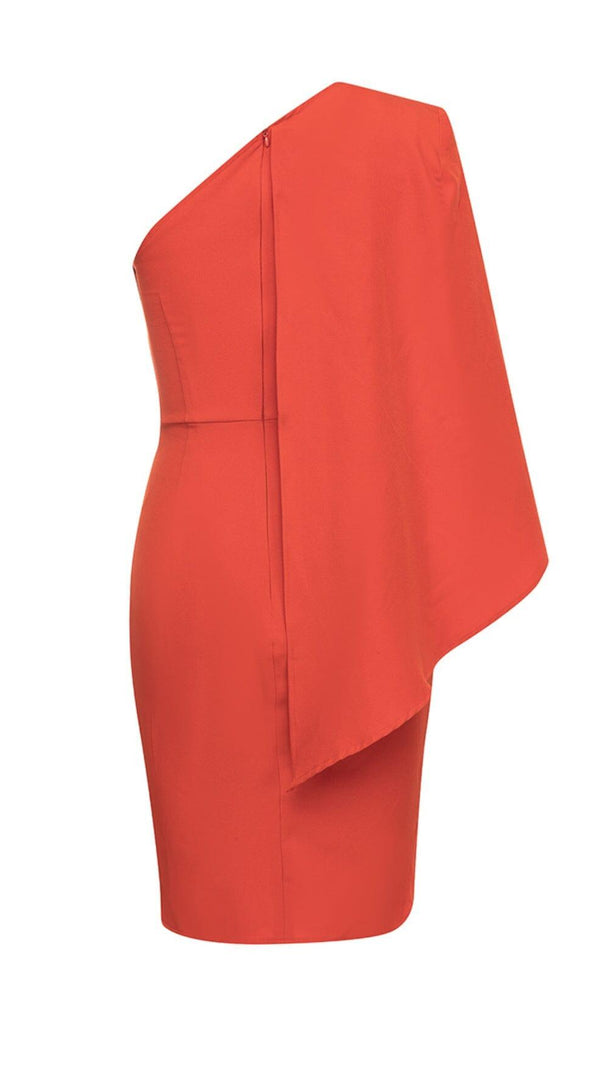 AIIZIE ORANGE ONE SHOULDER CLOAK SLEEVE WRAP HEM DRESS - product image