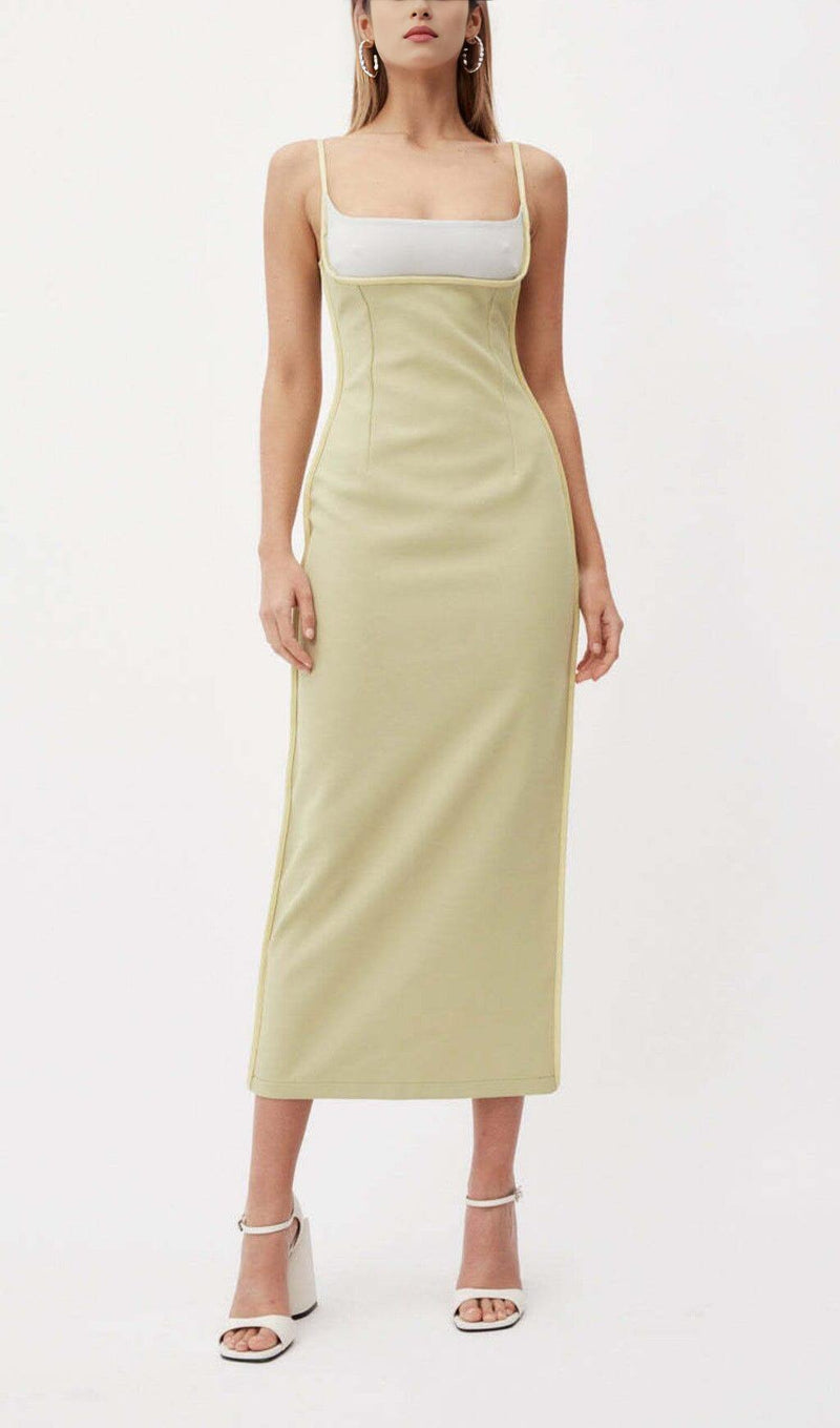 COLOR BLOCK SUSPENDER MIDI DRESS IN LETTUCE GREEN