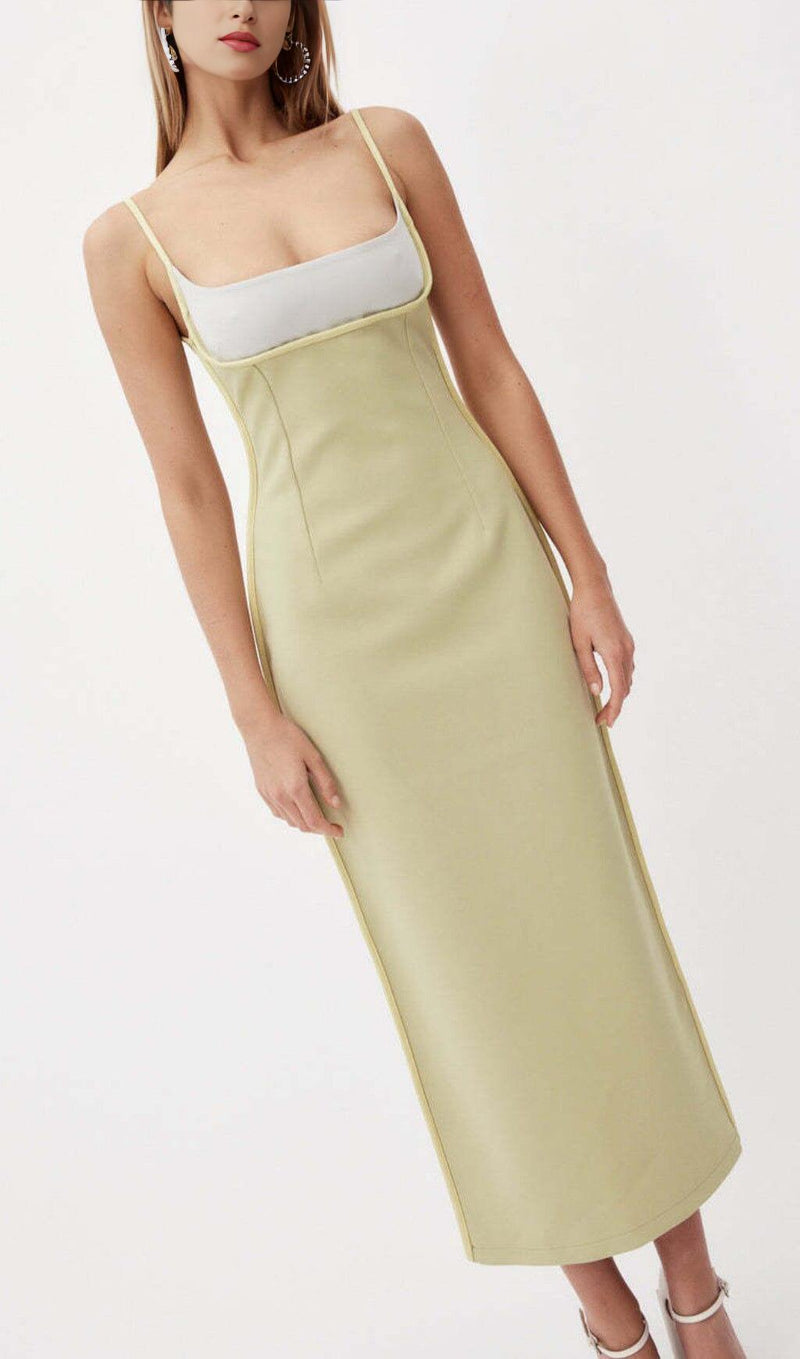 COLOR BLOCK SUSPENDER MIDI DRESS IN LETTUCE GREEN