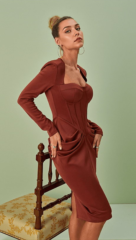 NOELANI LONG SLEEVE CORSET MIDI DRESS