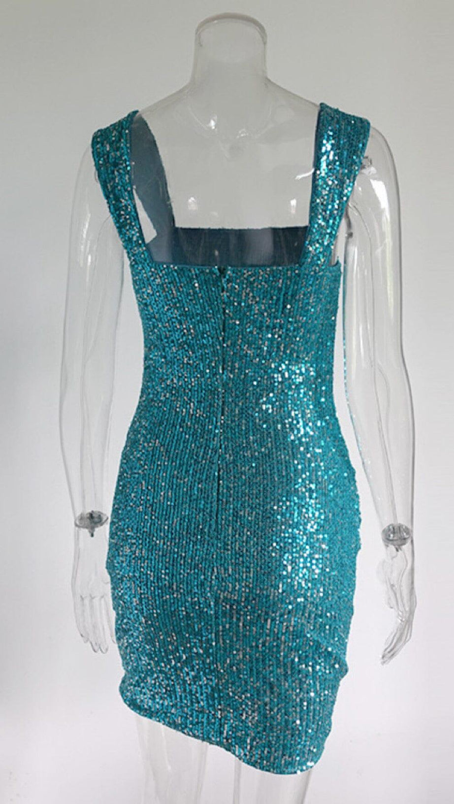 ABITO CON BRETELLE E PAILLETTES A SCOLLO QUADRATO BLU