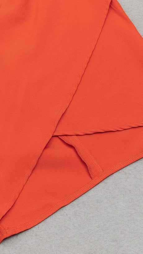 ORANGE ONE SHOULDER CLOAK SLEEVE WRAP HEM DRESS