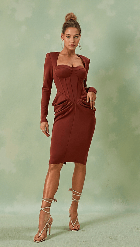 NOELANI LONG SLEEVE CORSET MIDI DRESS