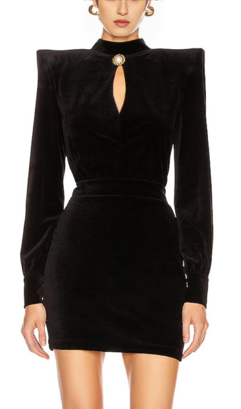 SQUARE SHOULDER MINI DRESS IN BLACK