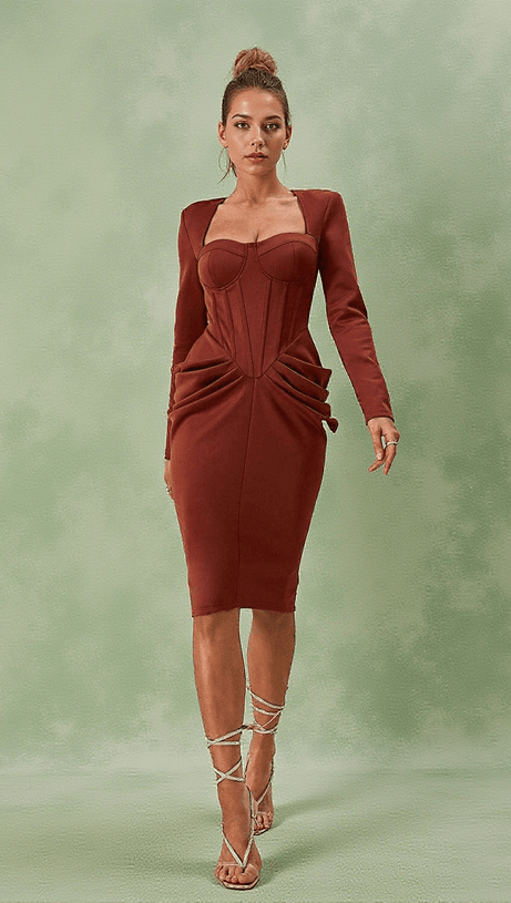 NOELANI LONG SLEEVE CORSET MIDI DRESS