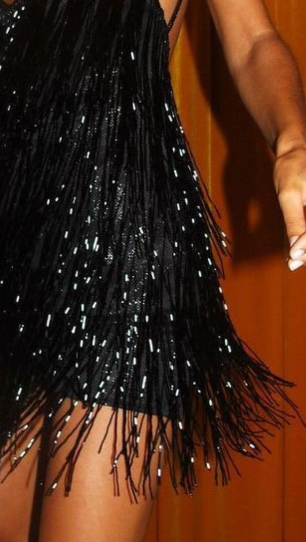 AIIZIE FRINGED SUSPENDER DRESS IN BLACK - product image