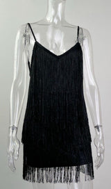  FRINGED SUSPENDER DRESS IN BLACK