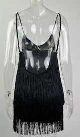  FRINGED SUSPENDER DRESS IN BLACK