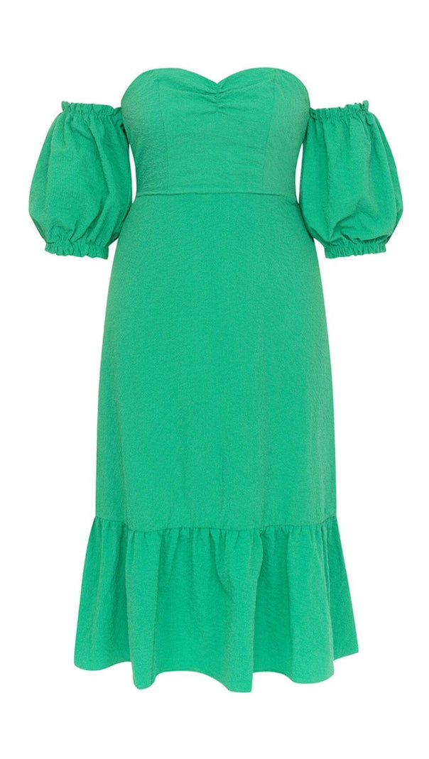 AIIZIE ONE-SHOULDER PUFF-SLEEVED GREEN TUBE TOP RUFFLED MIDI DRESS - product image