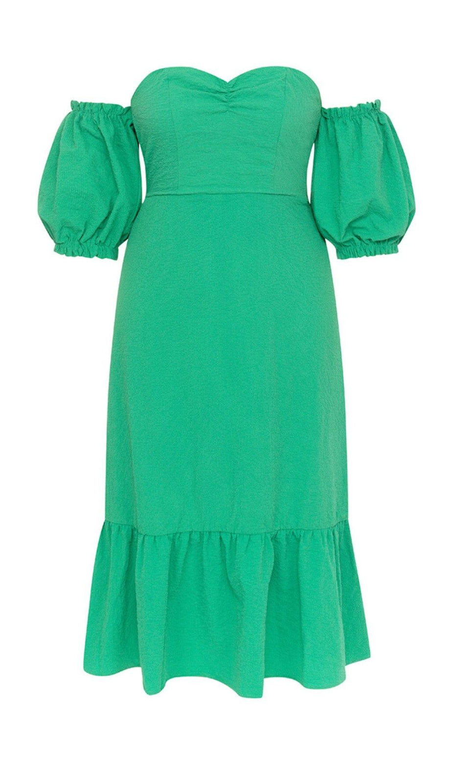 MIDIKLEID MIT PUFFÄRMELN UND EINER SCHULTER, GRÜNEM TUBE-TOP UND RÜSCHEN