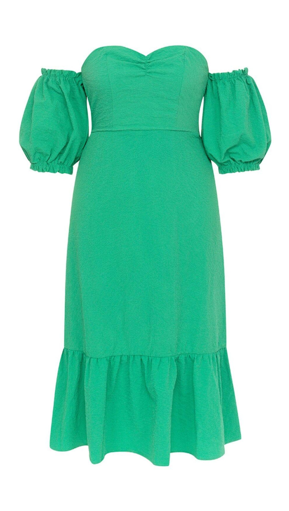 ABITO MIDI VERDE CON TOP A TUBINO, MANICHE A SBUFFO, MONOSPALLA E VOLANT