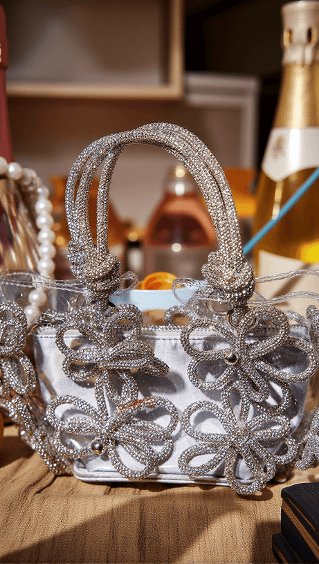 CHRYSANTHEMUM CRYSTAL FLOWER BAG IN SILVER