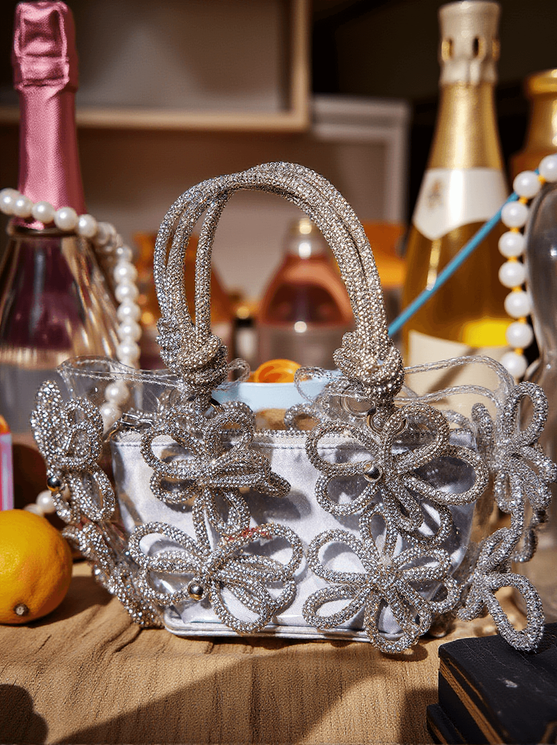 CHRYSANTHEMUM CRYSTAL FLOWER BAG IN SILVER