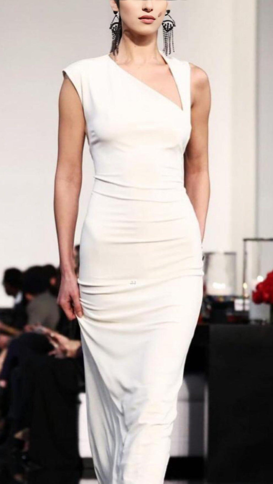  CROSS-SHOULDER OPEN-BACK MOP DRESS IN WHITE