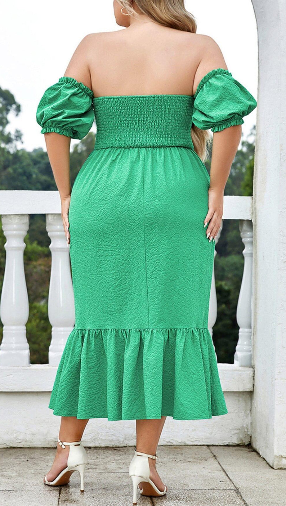ONE-SHOULDER PUFF-SLEEVED GREEN TUBE TOP RUFFLED MIDI DRESS