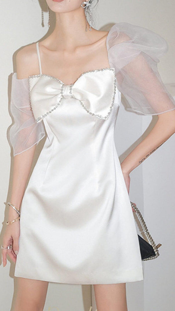 AIIZIE WHITE PUFF SLEEVE BOW DRESS - product image