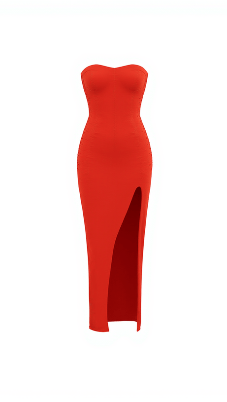 CAREW STRAPLESS RUCHED DRESS IN RED