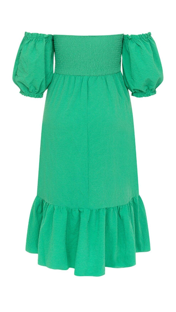 AIIZIE ONE-SHOULDER PUFF-SLEEVED GREEN TUBE TOP RUFFLED MIDI DRESS - product image