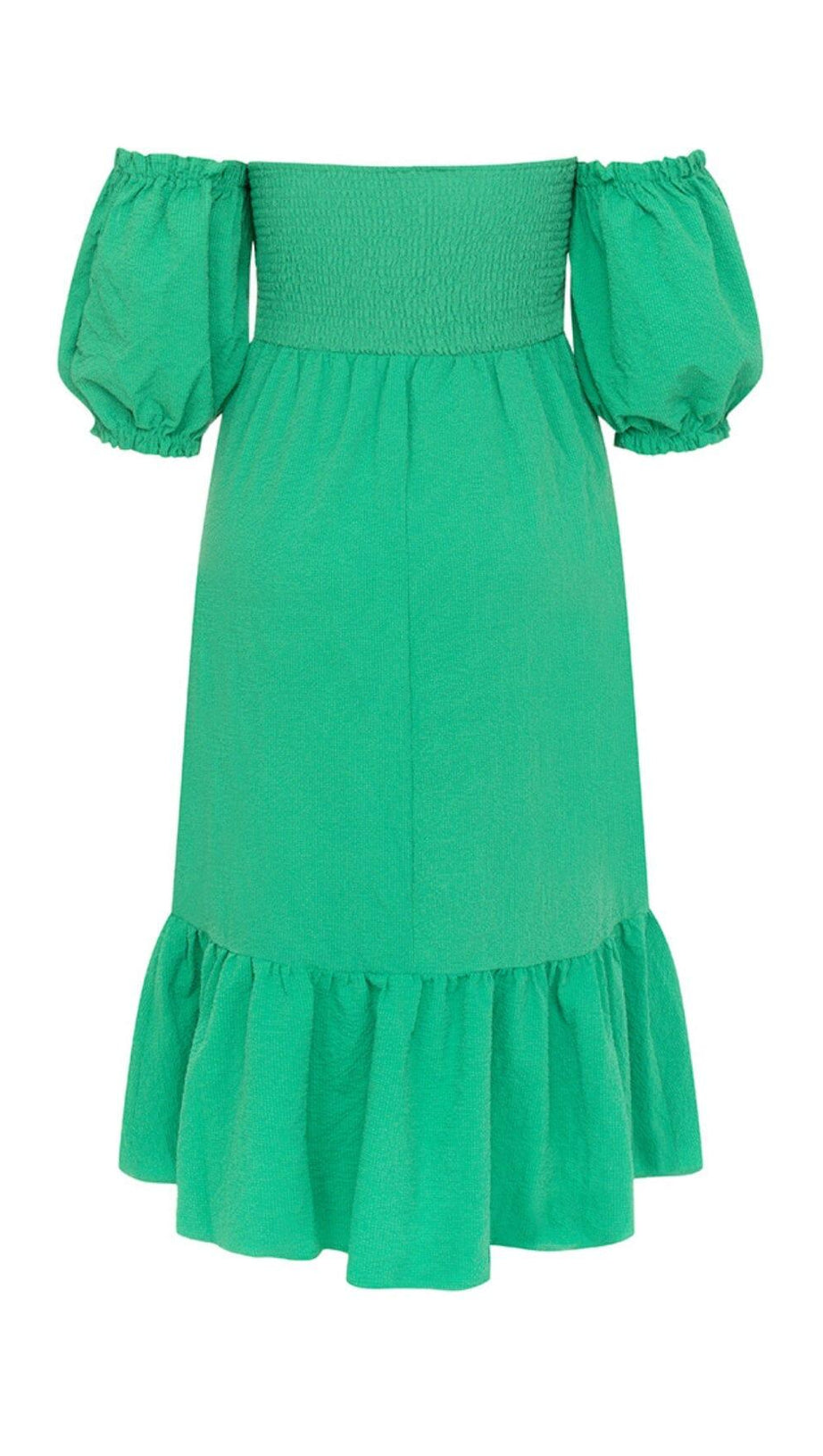 ONE-SHOULDER PUFF-SLEEVED GREEN TUBE TOP RUFFLED MIDI DRESS
