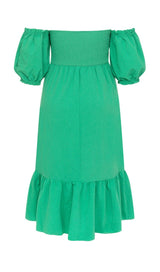 ONE-SHOULDER PUFF-SLEEVED GREEN TUBE TOP RUFFLED MIDI DRESS