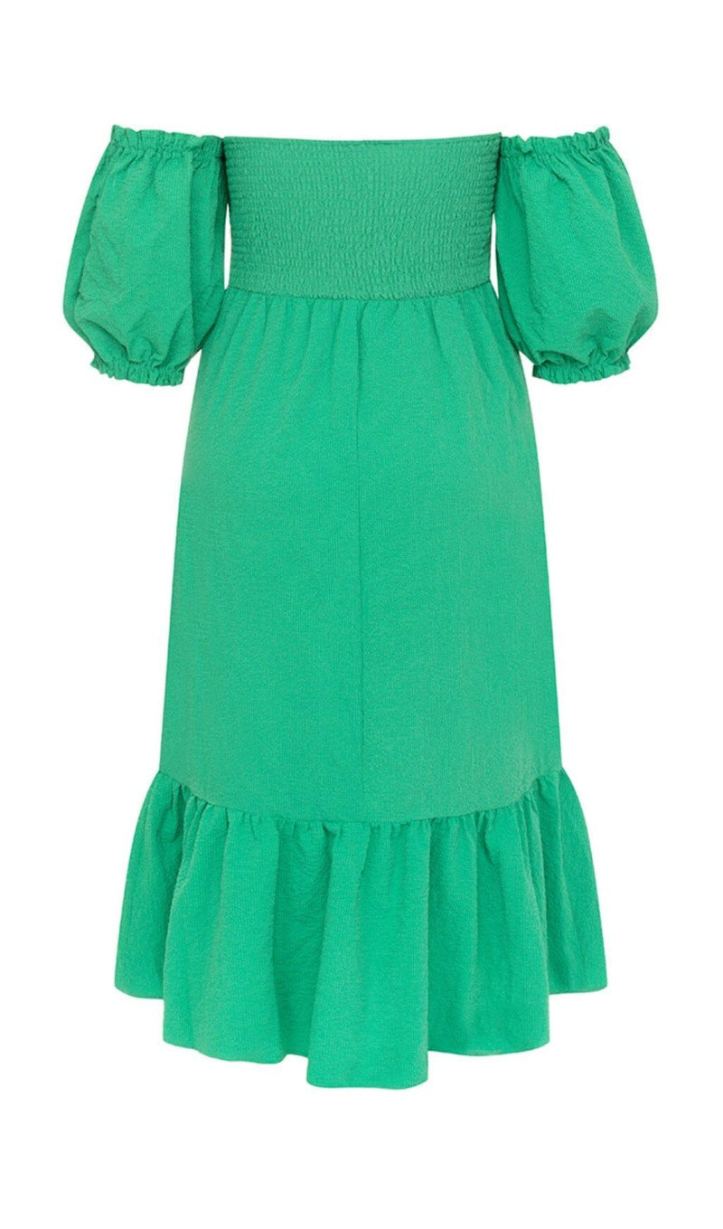 ONE-SHOULDER PUFF-SLEEVED GREEN TUBE TOP RUFFLED MIDI DRESS