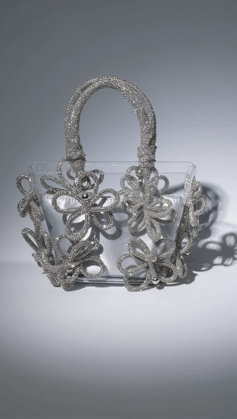 CHRYSANTHEMUM CRYSTAL FLOWER BAG IN SILVER