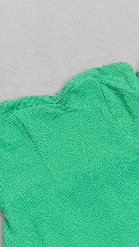 ONE-SHOULDER PUFF-SLEEVED GREEN TUBE TOP RUFFLED MIDI DRESS