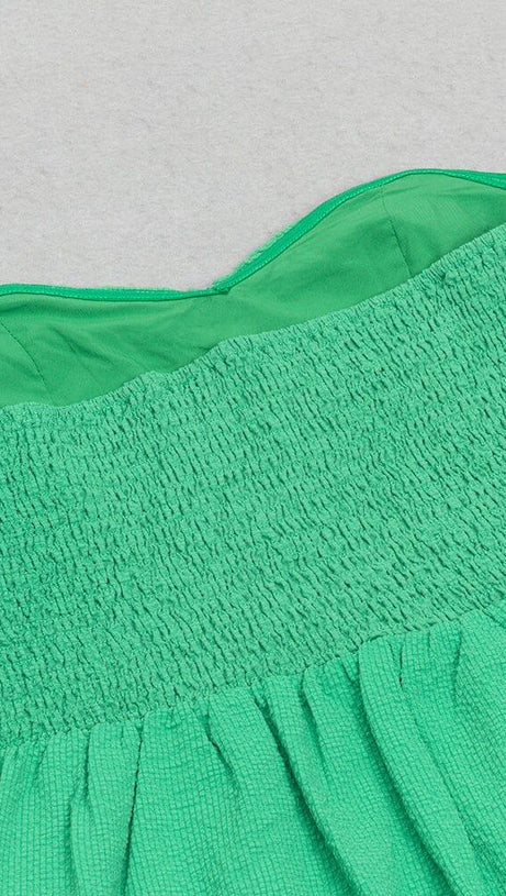 ONE-SHOULDER PUFF-SLEEVED GREEN TUBE TOP RUFFLED MIDI DRESS