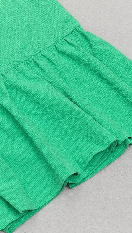 ONE-SHOULDER PUFF-SLEEVED GREEN TUBE TOP RUFFLED MIDI DRESS