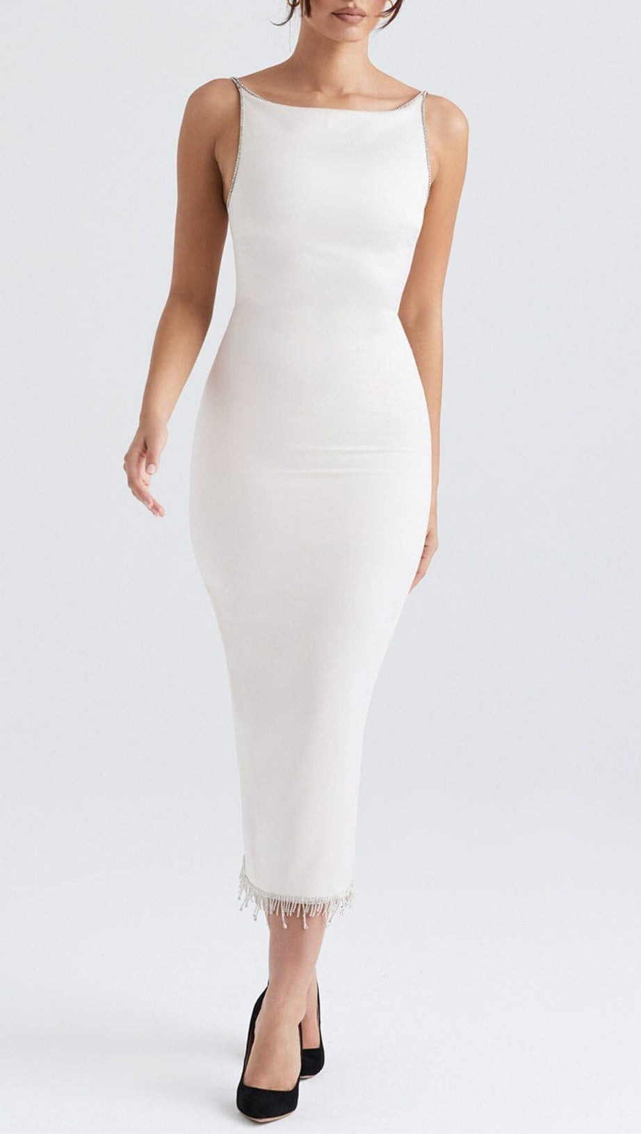 Elfenbeinfarbenes MIDIKLEID mit Kristallen