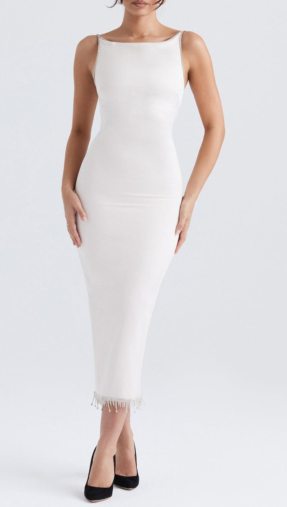 Elfenbeinfarbenes MIDIKLEID mit Kristallen